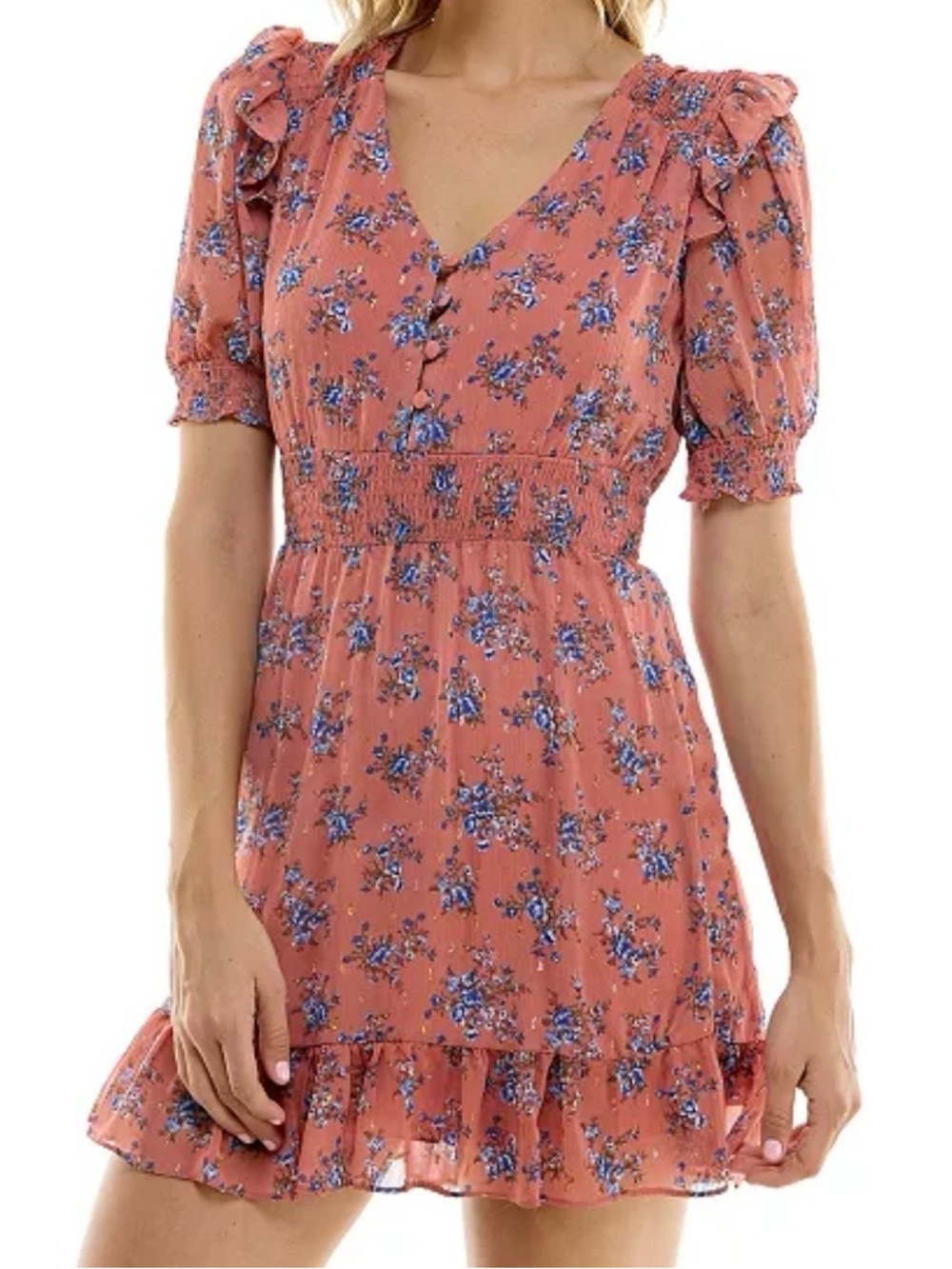 B.Smart NWT Floral V-Neck Smocked Waist Mini Dress - Rust Floral